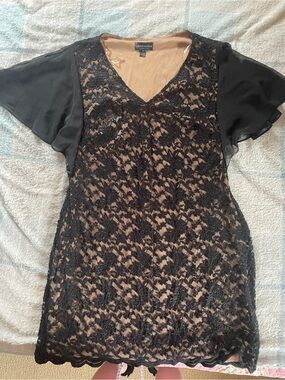 connected apparel Black Lace Overlay Short Sleeve Dress with Nude Lining